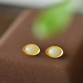 A Pair of Exquisite Sterling Silver-Gold Plated Inlaid White Jade Earrings