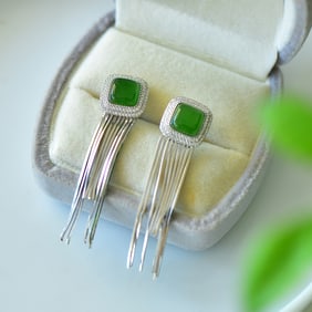 A Pair of Exquisite Sterling Silver Inlaid Jasper Earrings,Inlaid Diamond