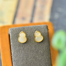 A Pair of Exquisite Sterling Silver-Gold Plated Inlaid White Jade Earrings