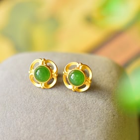 A Pair of Exquisite Sterling Silver-Gold Plated Inlaid Jasper Earrings