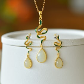 A Set of Fine Sterling Silver Inlaid White Jade Snake Statue Jewelry