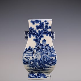An Exquisite Blue and White Landscape and Figure Pattern Double-Ears Vase