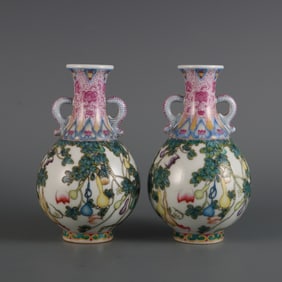 A Pair of Exquisite Enamel Flower and Fruit Pattern Double-Ears Vase