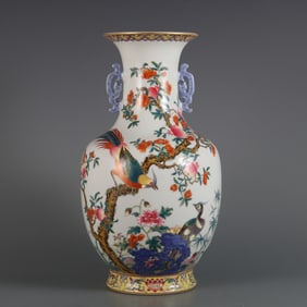An Exquisite Famille-Rose Flower and Bird Pattern with poem Double-Ears Vase