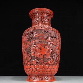A Exquisite Carved Red Lacquer Lotus Pattern Landscape and Figure Pattern Vase