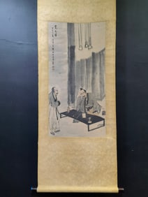 A Chinese Vertical Scroll Ink Painting of Character and Story on Paper