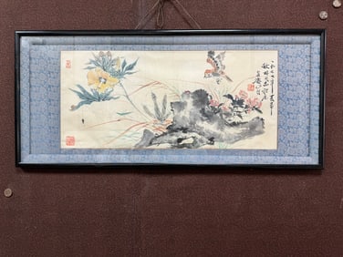 A Chinese Ink Painting of Flower and Bird on Paper With Frame
