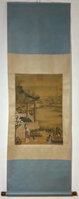 A Chinese Vertical Scroll Ink Painting of Landscape and Figure on Silk