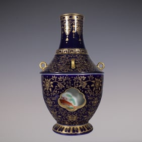An Exquisite Famille-Rose Ji Blue Glazed Painted Gold Lotus Pattern Fish and Lotus Pattern Vase