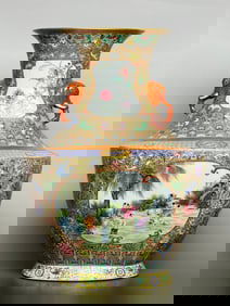 An Exquisite Famille-Rose Lotus Pattern Character and Story Pattern Double-Ears Vase