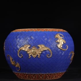 An Exquisite Blue Glazed Painted Gold Bats Pattern Brush Washer