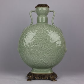 An Exquisite Celadon Glazed Inlaid Bronze Dragon and Phoenix Pattern Double-Ears Vase