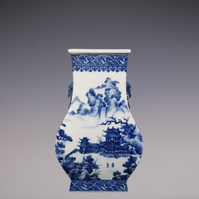 An Exquisite Blue and White Seawater Pattern Landscape Pattern Double-Ears Vase