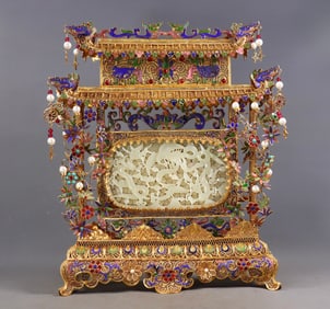 An Exquisite Gilt Bronze Inlaid White Jade Lotus Pattern Screen