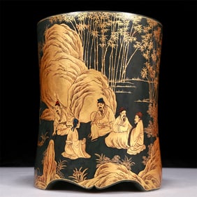 An Exquisite Jasper Gilded 'Landscape& Figure' Brush Pot