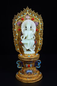 An Exquisite White Jade Inlaid Gems Statue of Avalokitesvara