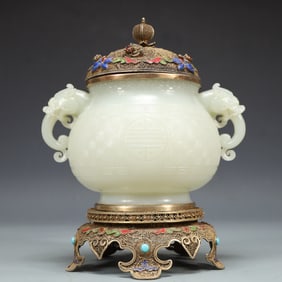 A Exquisite White Jade Lotus Pattern Double-Ears Censer