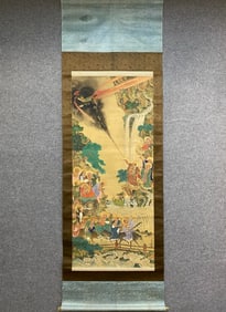 A Chinese Vertical Scroll Ink Painting of Character and Story on Silk