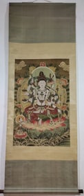A Chinese Vertical Scroll Ink Painting of Buddha Statue on Silk