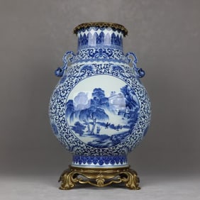 An Exquisite Blue and White Inlaid Bronze Landscape Pattern Lotus Pattern Double-Ears Vase
