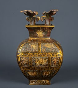 An Exquisite Bronze Inlaid Gold With Inscription Vase