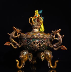 An Exquisite Bronze Inlaid Gems Double-Ears and Tripod Censer