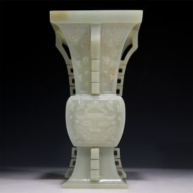 A Superb White Jade 'Animal Mask' Vase