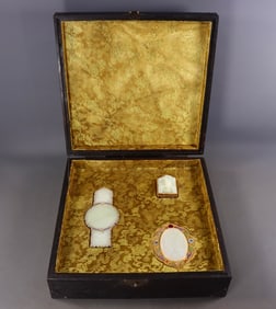 A Set of Fine White Jade Cover with Gold Dragon Pattern with poem Seal