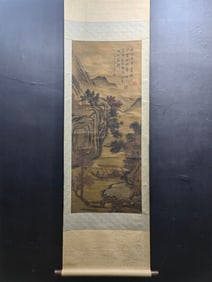 A Chinese Vertical Scroll Ink Painting of Landscape and Figure on Silk
