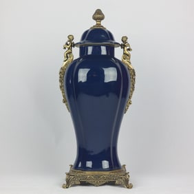 An Exquisite Ji Blue Glazed Inlaid Bronze Double-Ears Jar