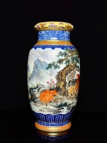 An Exquisite Blue and White Iron-Red Painted Gold Flower Pattern Buffalo Pattern Vase