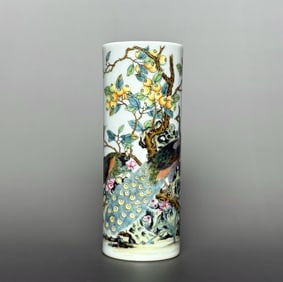 An Exquisite Enamel Flower and Bird Pattern with poem Brush Pot