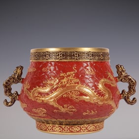 An Exquisite Iron-Red Painted Gold Dragon Pattern Seawater Pattern Double-Ears Censer