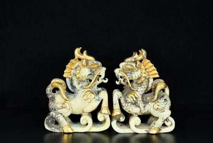 A Pair of Exquisite White Jade Gilt Kylin Ornament