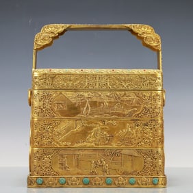 A Exquisite Gilt Bronze Inlaid Gems Bats and Peach Pattern Lotus Pattern Character and Story Pattern