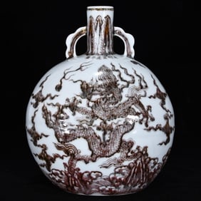 An Exquisite Underglaze-Red Dragon Pattern Seawater Pattern Double-Ears Vase