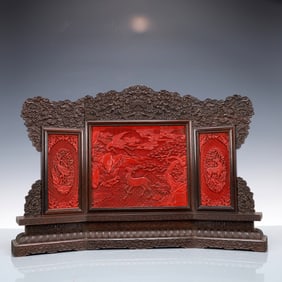 A Exquisite Zitanwood Inlaid Carved Red Lacquer Pine and Crane Pattern Sika Deer Pattern Screen