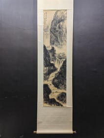A Chinese Vertical Scroll Ink Painting of Landscape on Paper