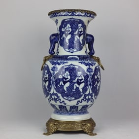An Exquisite Blue and White Inlaid Bronze Character and Story Pattern Double-Ears Vase