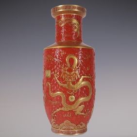 An Exquisite Iron-Red Painted Gold Dragon and Phoenix Pattern Seawater Pattern Vase