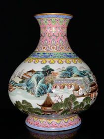 An Exquisite Famille-Rose Lotus Pattern Landscape Pattern Vase