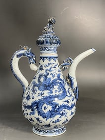 An Exquisite Blue and White Dragon Pattern Lotus Pattern Ewer