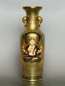 An Exquisite Enamel Painted Gold Buddha Statue Pattern Double-Ears Vase