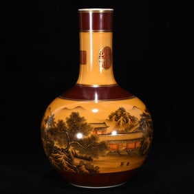 An Exquisite Ink Color Imitation Wood Grain Glazed Landscape Pattern with poem Vase