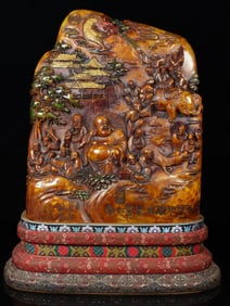 An Exquisite Shoushan Stone Painted Color Character and Story Pattern Seal Ornament