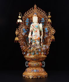 An Exquisite Gilt Bronze Inlaid White Jade Buddha Statue