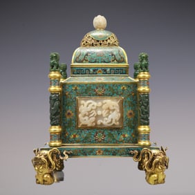 A Exquisite Cloisonne Inlaid White Jade Lotus Pattern Pine and Crane Pattern Box