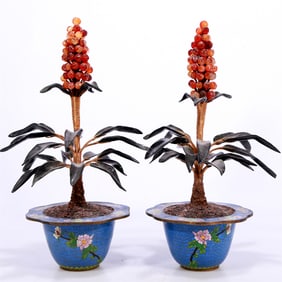 An Exquisite Pair Of Cloisonne 'Flower' Jardiniere-Form Decorations