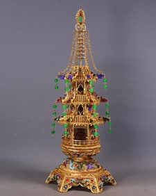 An Exquisite Gilt Bronze Inlaid Gems Lotus Pattern Pagoda