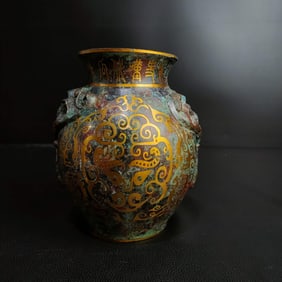 An Exquisite Bronze Inlaid Gold Beast-Face Pattern With Inscription Double-Ears and Tripod Jar
